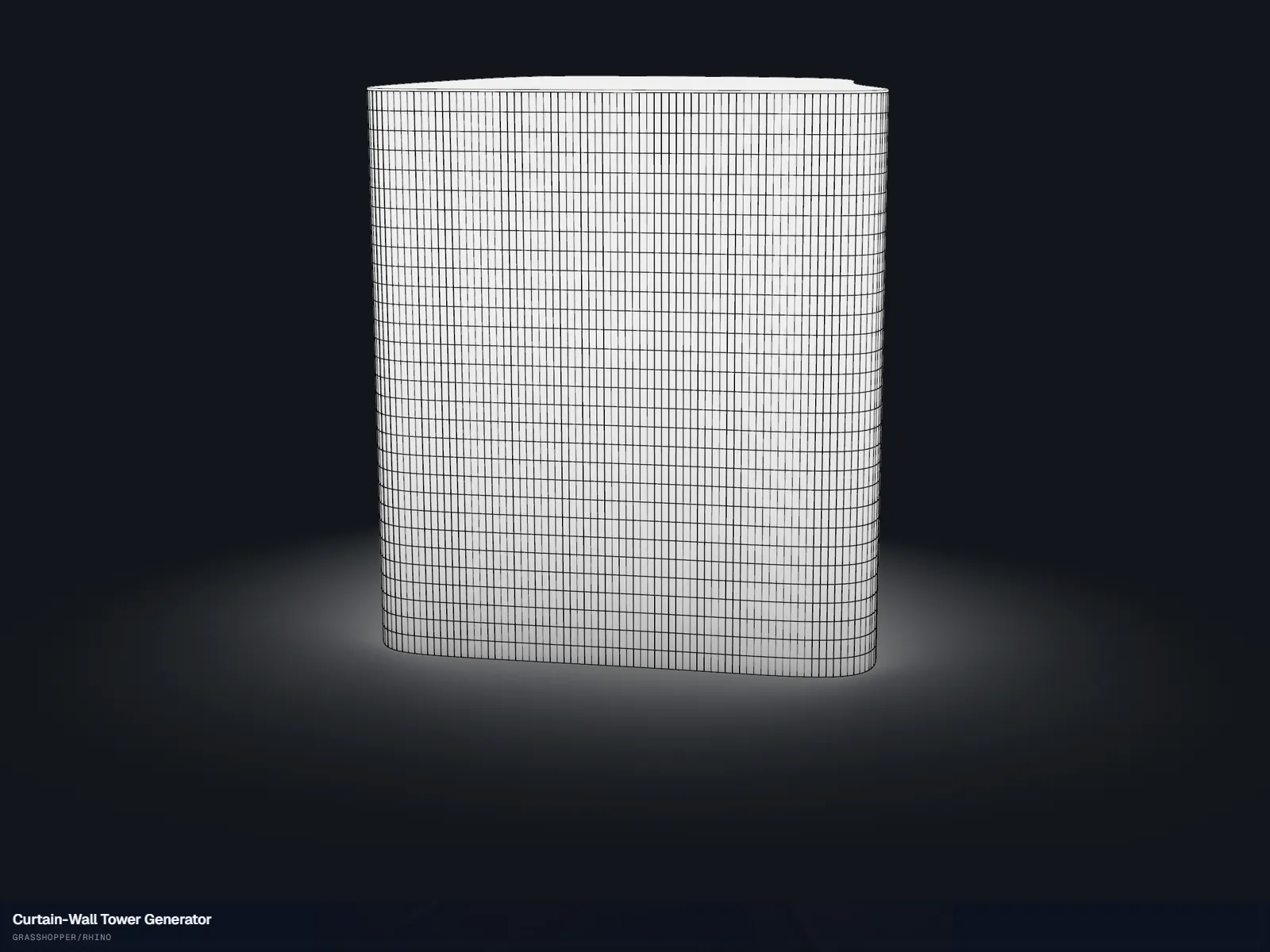 Curtain-Wall Tower Generator — A tower massing wrapped in a curtain-wall grid.
