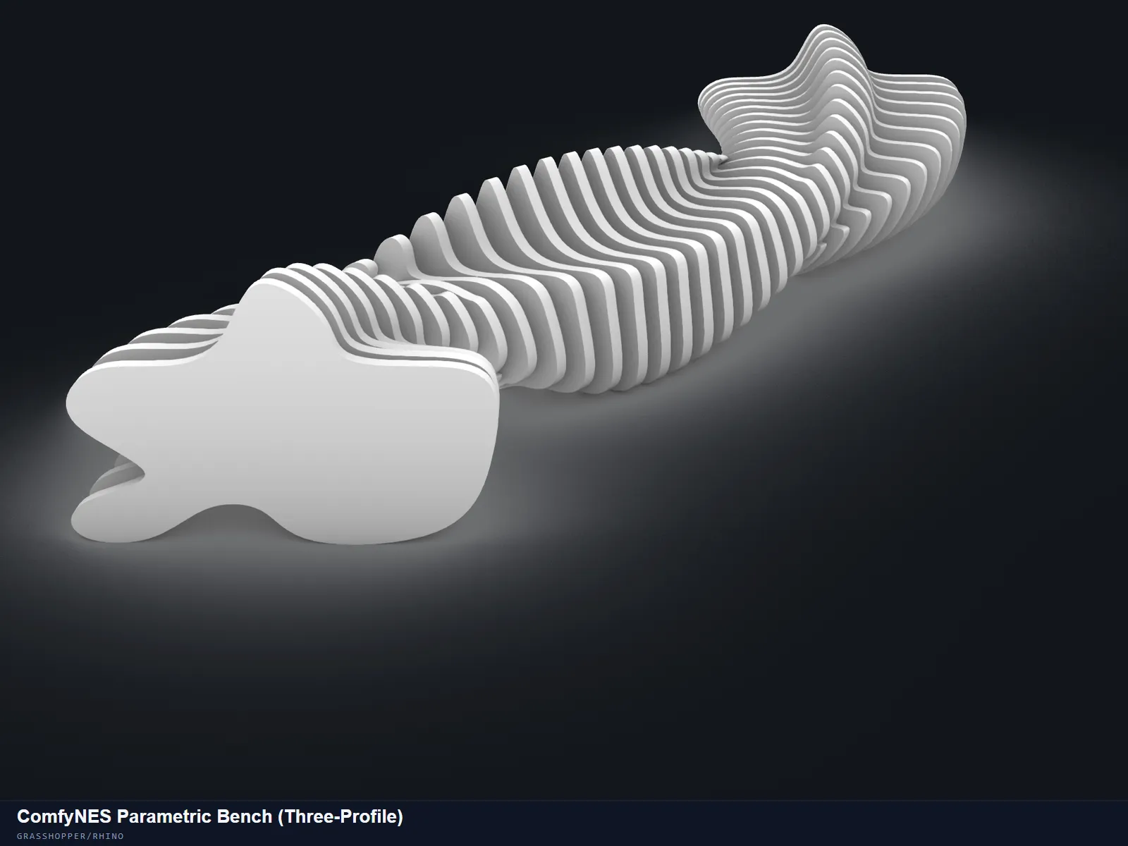 ComfyNES Parametric Bench (Three-Profile) — A contoured slat bench with an added middle profile.