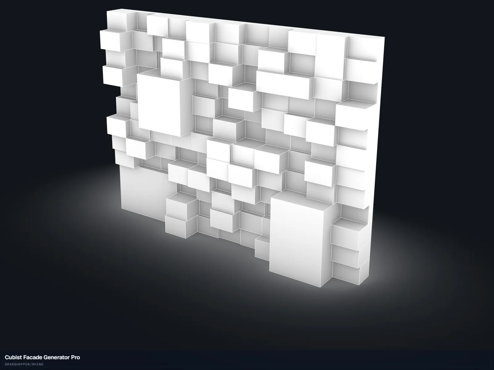 Cubist Facade Generator Pro — A relief facade of boxes at varying depths.